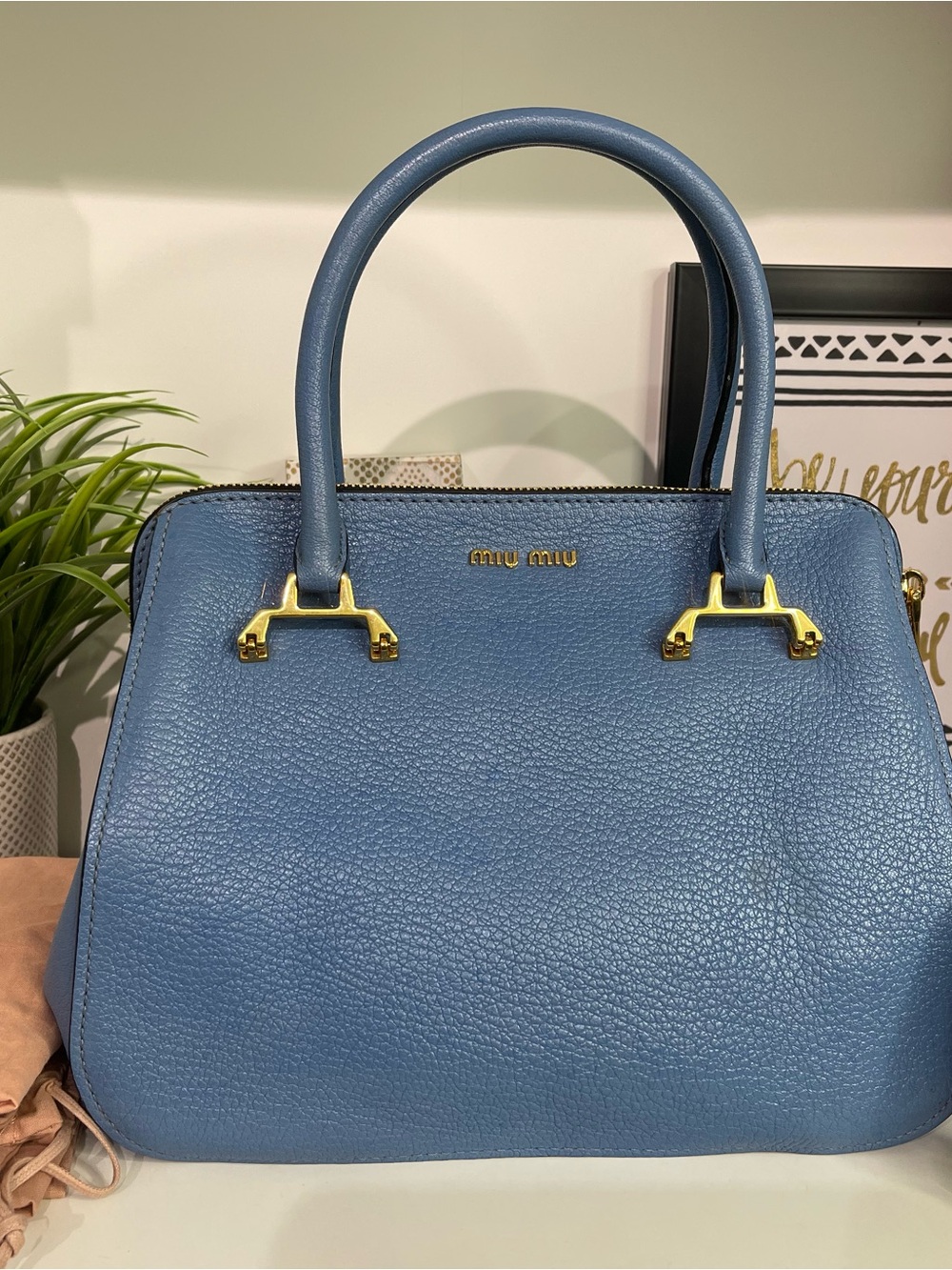 Miu Miu Cornflower Blue Pebbled Leather Satchel 2 Way with Gold Hardware